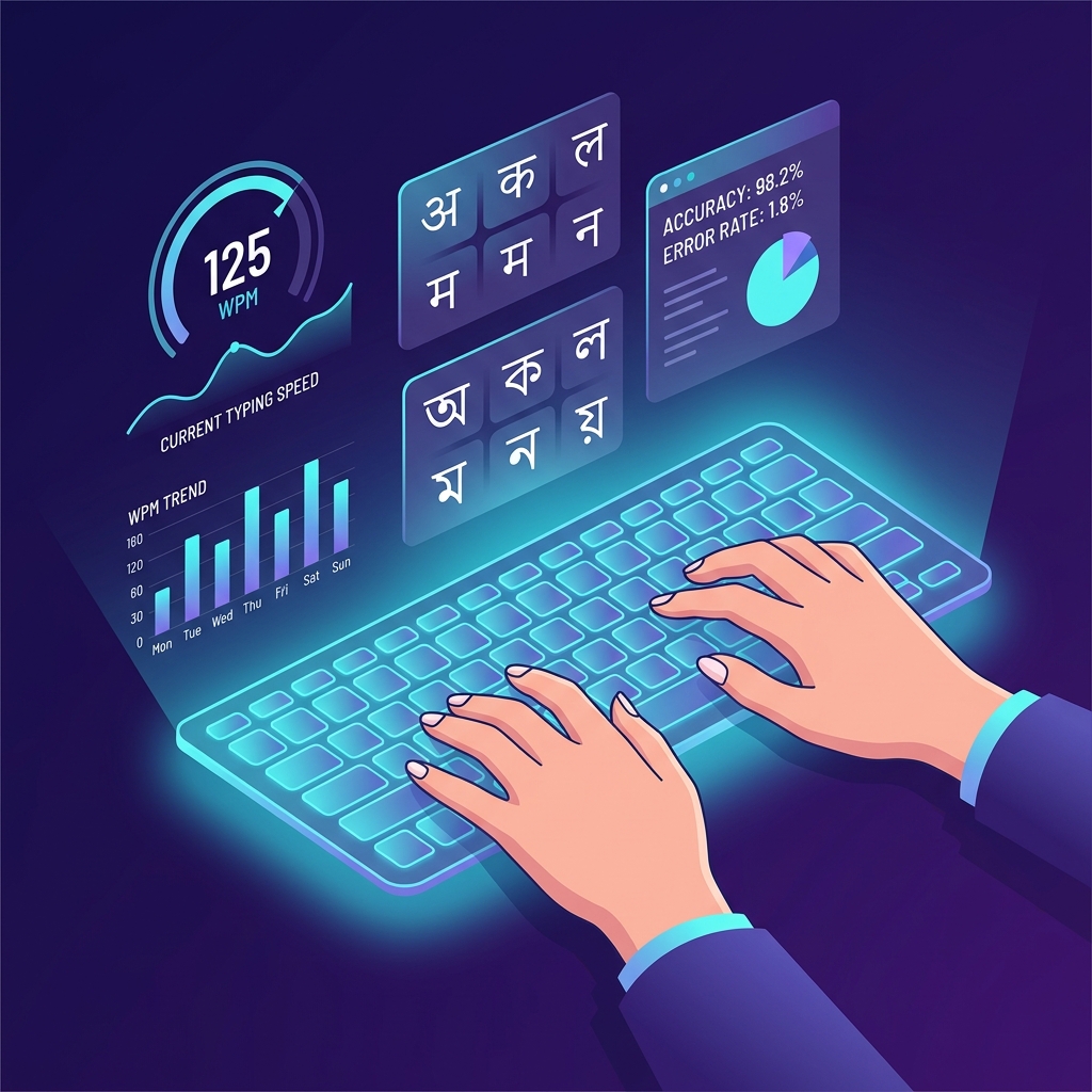 Typing test illustration with keyboard and WPM metrics